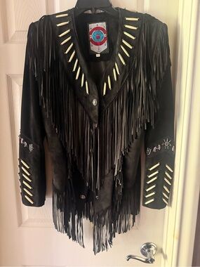 Black Fringed Leather Jacket with Bone Accents